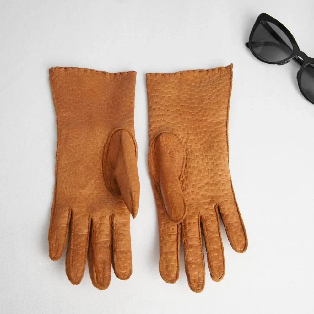 Vintage Cognac Tan Brown Leather Gloves Women's Size 6.5